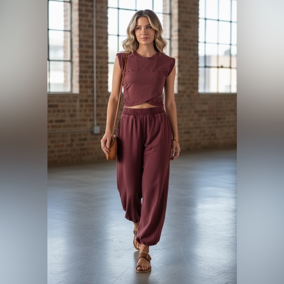 eesome Pants - NWT Eesome Mineral Washed Hot Shots Wrap Crop Top and Jogger Sweatpants Set Wine